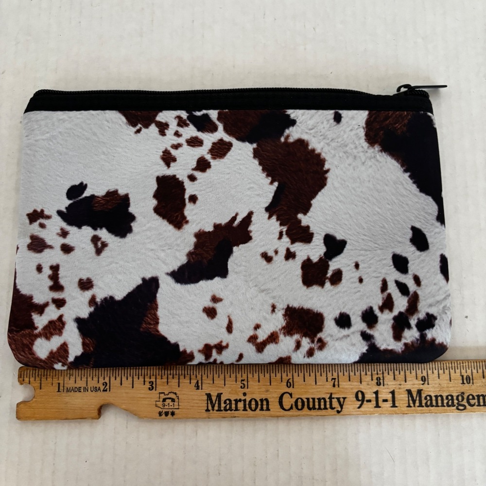Makeup Bag Women Small Brown White Cow Print Faux Cowhide Western Pouch - Picture 4 of 8